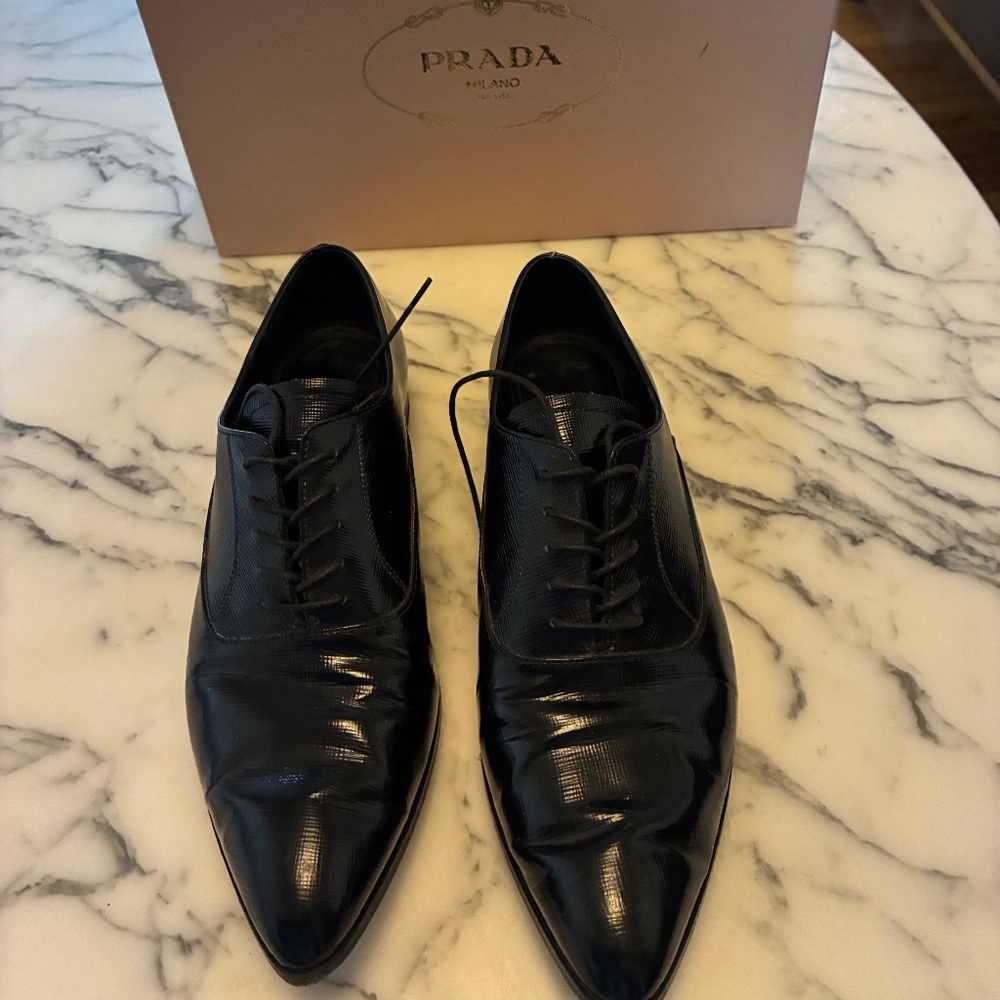 Women’s Prada Black Saffiano Leather Pointed Toe Derby